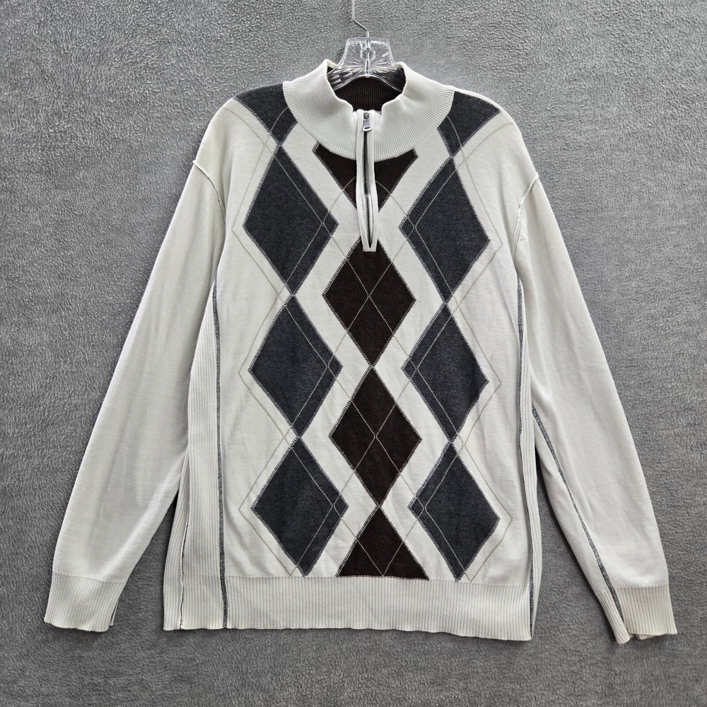 BKE Buckle Men Sweater‎ Large White Foster Argyle 1/4 Zip Long Sleeve Mock Neck